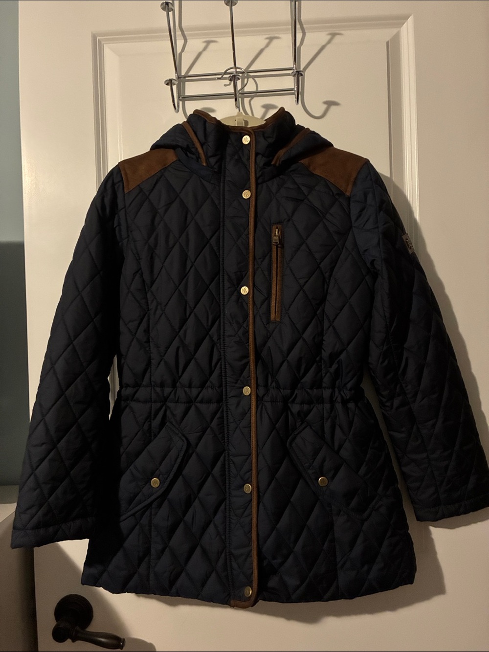 NWOT Lauren Ralph Lauren Navy Quilted Hooded Puffer with Brown Trim